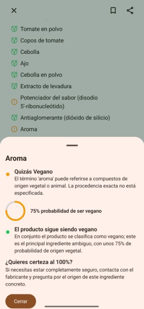 Análisis de un aroma en Vegan Oasis: porcentaje de confianza y explicación desplegable